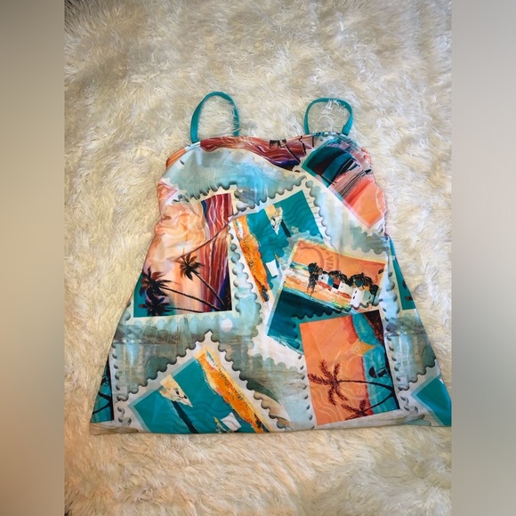 VENUS Teal Orange and White Swimsuit Stamp Print Tankini Top size 10 - Picture 1 of 11
